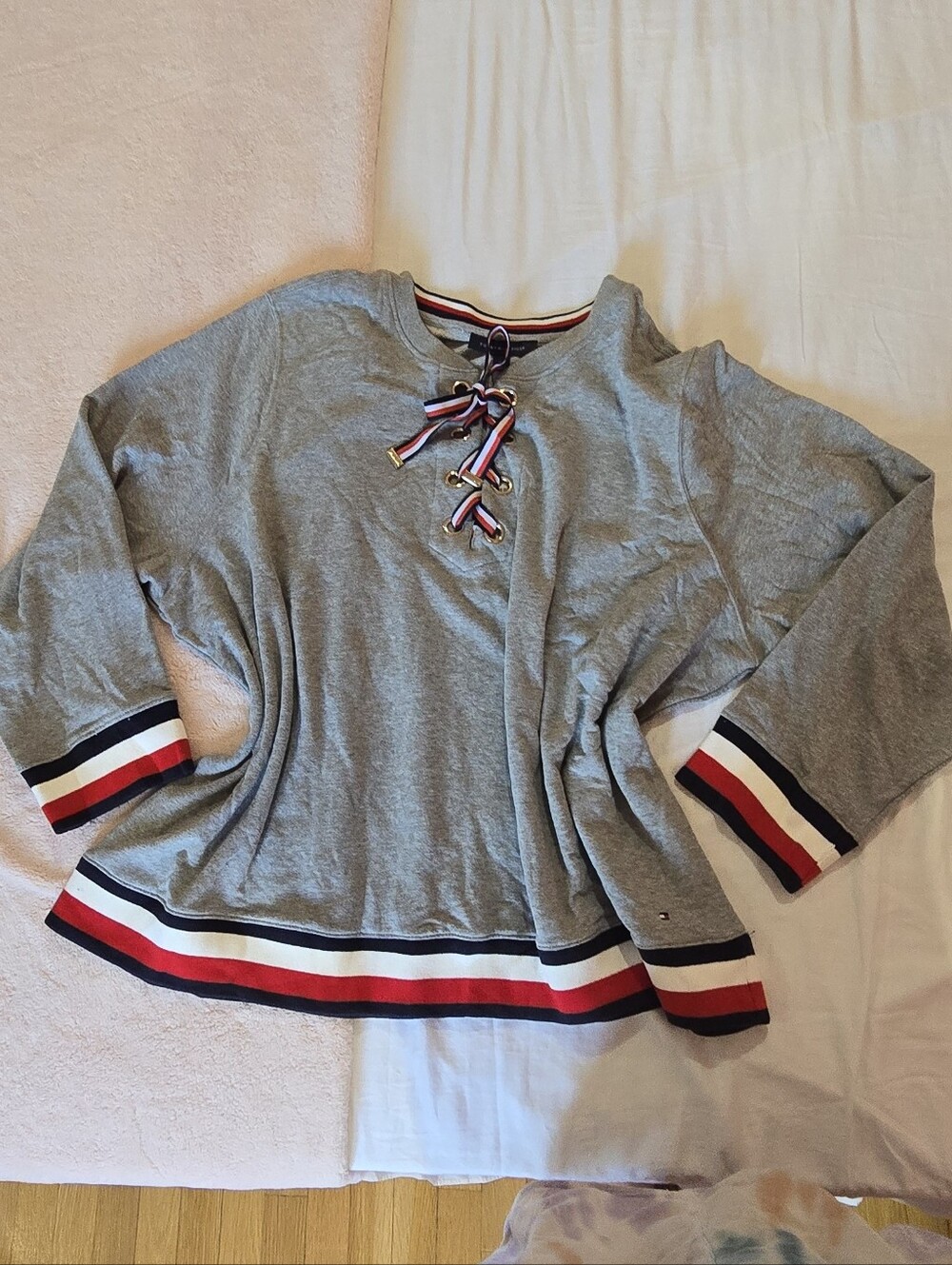 Tommy Hilfiger Grey Sweatshirt with Red, White & Navy Ribbon Lace